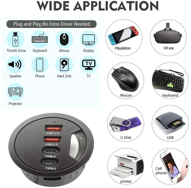 Alt view image 4 of 7 - 60mm / 2.36 Inch Desk Grommet USB 3.0 Hub, 2 USB-A + 2 USB-C Flush Mount Dock, Support Simultaneous Fast Charging & 5Gbps High-Speed Data Transfer for Office Workstations