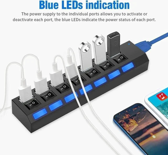 Alt view image 5 of 7 - Black 7-Port USB 3.0 Splitter Hub with Individual On/Off Switches & LED Power Indicators, High Speed USB-A Data Expander for Laptop, Desktop PC, Mobile HDD, Flash Drive and USB Peripherals