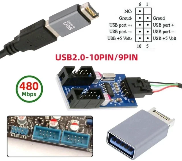 Alt view image 4 of 7 - 1-to-2 USB 2.0 Motherboard 9Pin/10Pin Header Splitter Cable, Internal Front Panel USB Hub Extension Adapter with USB Type-E Converter for Desktop PC Case Modding