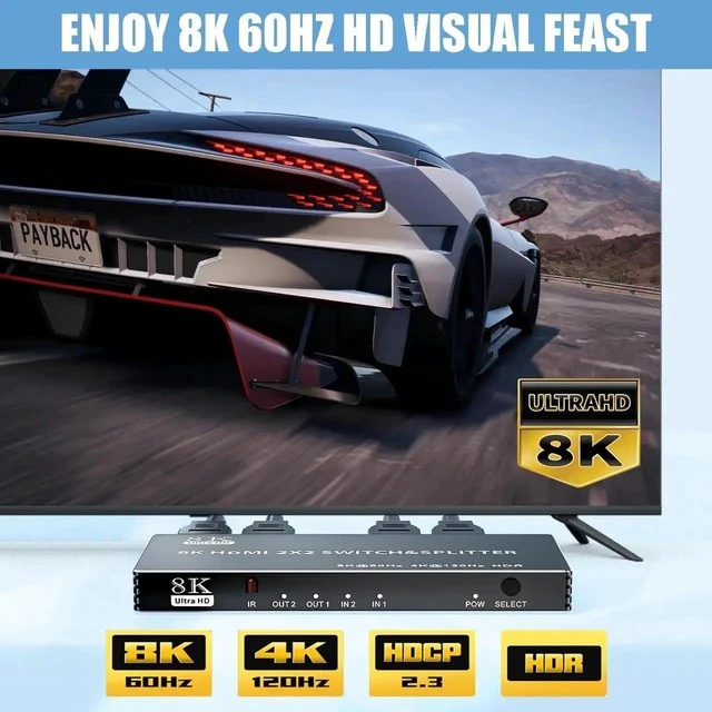 Alt view image 5 of 7 - 2x2 HDMI 2.1 Matrix Switch Splitter with IR Remote, 2 In 2 Out 8K@60Hz 4K@120Hz HDMI Matrix Switcher Support HDCP2.3, HDR10, HDR10+ & 3D for Gaming PC, Game Consoles, 8K TV Monitor