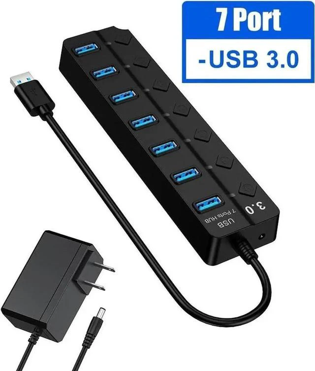 Main image of 7-Port Powered USB 3.0 Hub, 5Gbps Super Speed Multi Port Splitter, Black Powered External USB Dock Compatible with PC, Mac, Laptops, Phones and Tablets