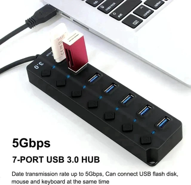 Alt view image 2 of 7 - 7-Port Powered USB 3.0 Hub, 5Gbps Super Speed Multi Port Splitter, Black Powered External USB Dock Compatible with PC, Mac, Laptops, Phones and Tablets