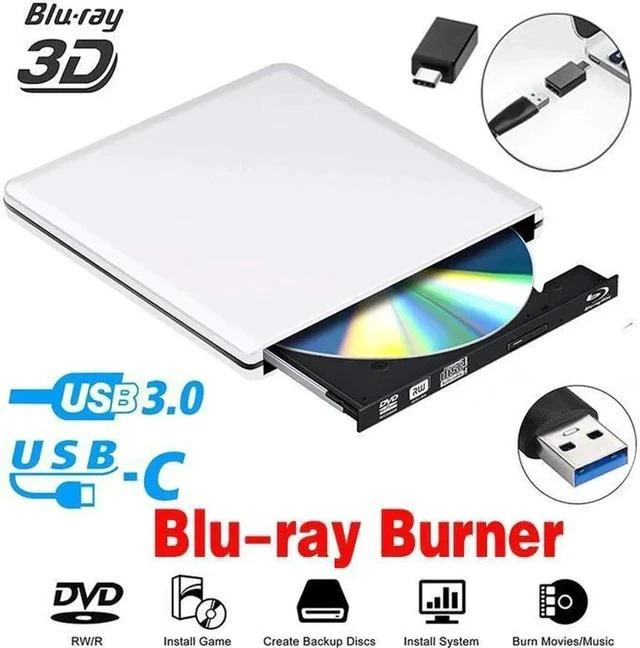 Main image of Aluminum External Blu-Ray/DVD/CD Burner Drive USB 3.0 Type-C External DVD CD ROM Burner Portable DVD Player CD RW Optical Drive, For Laptop Desktop PC Windows Linux OS Apple Mac, Silver