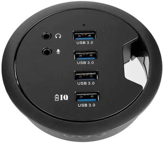 Main image of 80MM 3.14 Inch Desk Grommet USB 3.0 Hub, 4-Port Desktop Hole Fit Multiport Hub with 3.5mm Audio Mic Jack, BC1.2 Fast Charging, 5V/2A AC Power Adapter Included for Smartphones & Office Desks