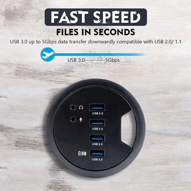Alt view image 2 of 7 - 80MM 3.14 Inch Desk Grommet USB 3.0 Hub, 4-Port Desktop Hole Fit Multiport Hub with 3.5mm Audio Mic Jack, BC1.2 Fast Charging, 5V/2A AC Power Adapter Included for Smartphones & Office Desks