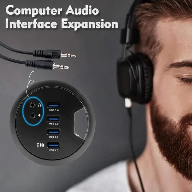 Alt view image 4 of 7 - 80MM 3.14 Inch Desk Grommet USB 3.0 Hub, 4-Port Desktop Hole Fit Multiport Hub with 3.5mm Audio Mic Jack, BC1.2 Fast Charging, 5V/2A AC Power Adapter Included for Smartphones & Office Desks