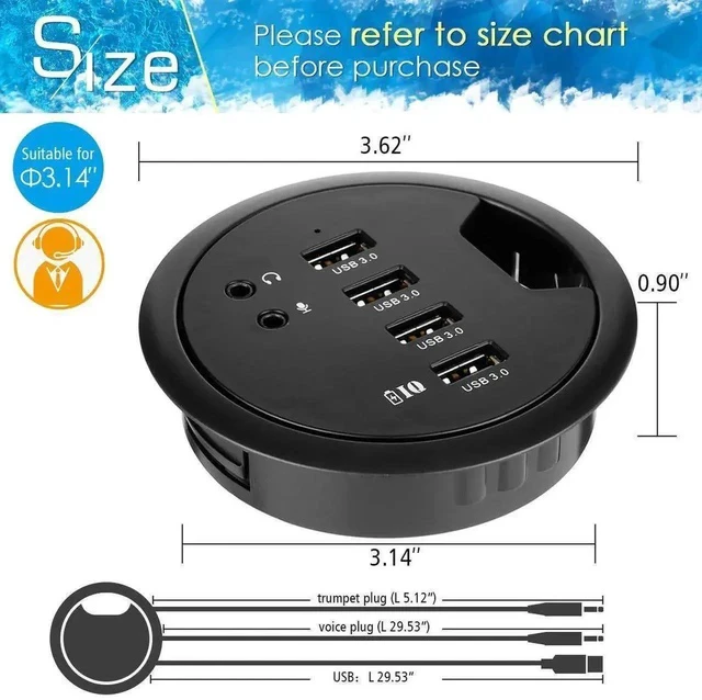 Alt view image 6 of 7 - 80MM 3.14 Inch Desk Grommet USB 3.0 Hub, 4-Port Desktop Hole Fit Multiport Hub with 3.5mm Audio Mic Jack, BC1.2 Fast Charging, 5V/2A AC Power Adapter Included for Smartphones & Office Desks