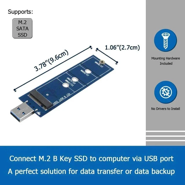 Alt view image 4 of 7 - M.2 to USB Adapter, B Key M.2 SSD Adapter to USB 3.0, USB to 2230 2242 2260 2280 M2 SSD Drive Adapter, NGFF Converter SSD Reader Card