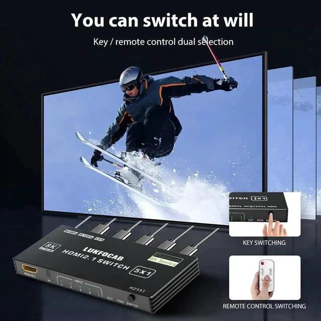 Alt view image 3 of 7 - 5 in 1 Out HDMI 2.1 8K Switch with IR Remote, 48Gbps High Speed 5-Port HDMI Switcher Selector Box Support 8K@60Hz 4K@120Hz, HDR10+, HDCP2.3 & 3D for PS5/PS4/PS3, Xbox Series X, Nintendo Switch, Laptop