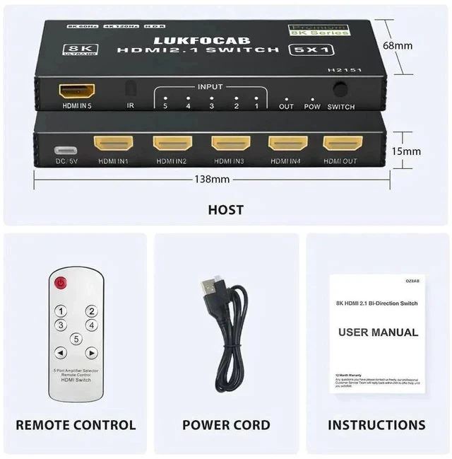Alt view image 5 of 7 - 5 in 1 Out HDMI 2.1 8K Switch with IR Remote, 48Gbps High Speed 5-Port HDMI Switcher Selector Box Support 8K@60Hz 4K@120Hz, HDR10+, HDCP2.3 & 3D for PS5/PS4/PS3, Xbox Series X, Nintendo Switch, Laptop