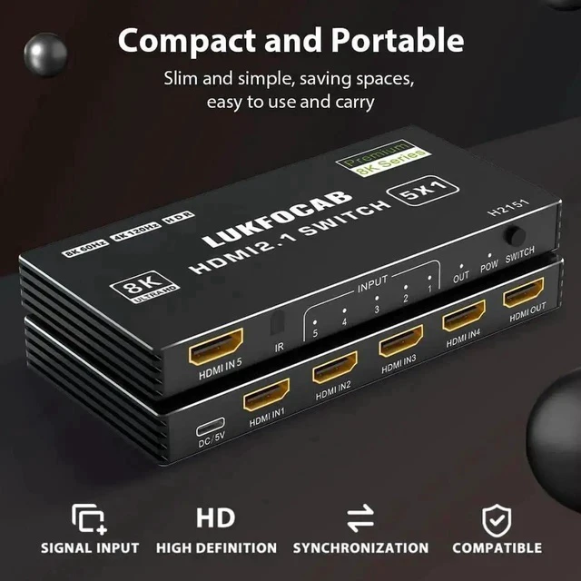 Alt view image 7 of 7 - 5 in 1 Out HDMI 2.1 8K Switch with IR Remote, 48Gbps High Speed 5-Port HDMI Switcher Selector Box Support 8K@60Hz 4K@120Hz, HDR10+, HDCP2.3 & 3D for PS5/PS4/PS3, Xbox Series X, Nintendo Switch, Laptop