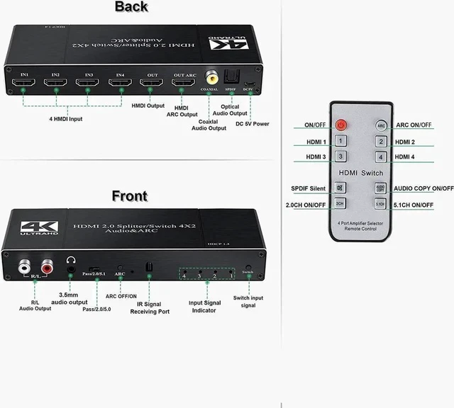 Alt view image 3 of 7 - 4 in 2 Out HDMI 2.0 Audio Extractor Switch 4K@60Hz, HDMI Matrix Converter with Optical SPDIF, Coaxial & 3.5mm AUX Audio Out, Supports ARC, HDR, HDCP 2.2, YUV4:2:0, EDID Management