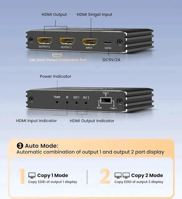 Alt view image 4 of 6 - 1x2 HDMI Splitter 8K@60Hz 4K@120Hz, Powered 1 in 2 Out HDMI Splitter Metal Housing, Mirror Duplicate Screen HDCP 2.3, Distribute 1 Source to 2 Same Displays for TV Projector Monitor