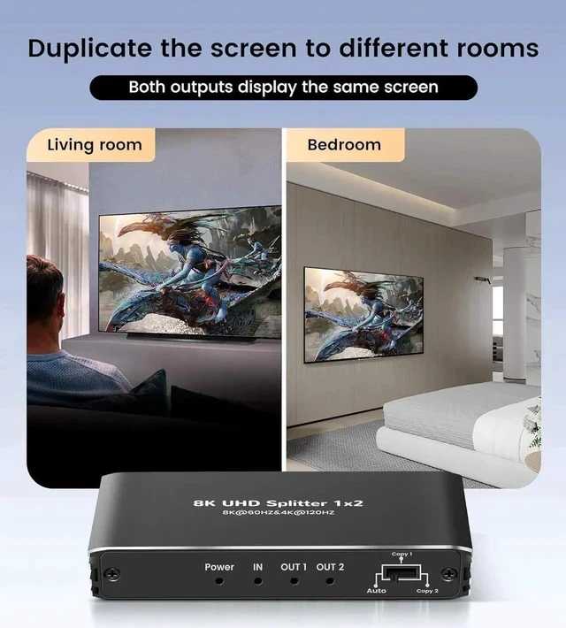 Alt view image 6 of 6 - 1x2 HDMI Splitter 8K@60Hz 4K@120Hz, Powered 1 in 2 Out HDMI Splitter Metal Housing, Mirror Duplicate Screen HDCP 2.3, Distribute 1 Source to 2 Same Displays for TV Projector Monitor