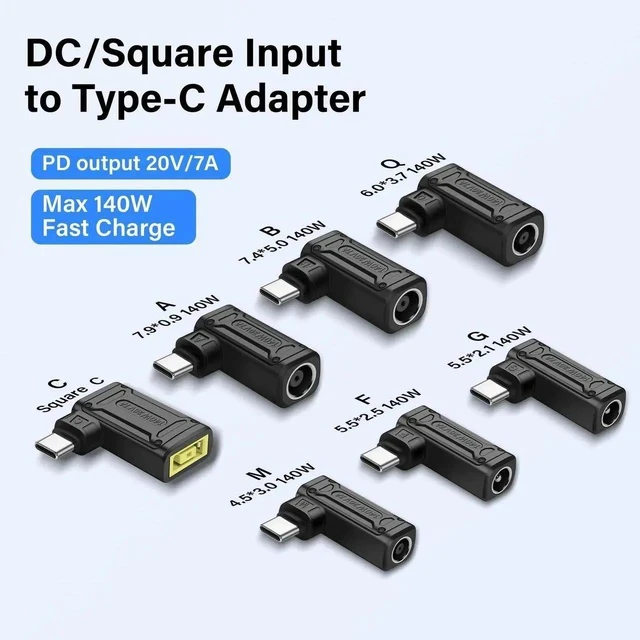 Alt view image 3 of 7 - PD 140W Square to Type C Power Charging Adapter Slim Tip Female Input to USB C Male Connector with PD Automatic Identification Chip,for Phone,Tablet,Laptop (Square C)