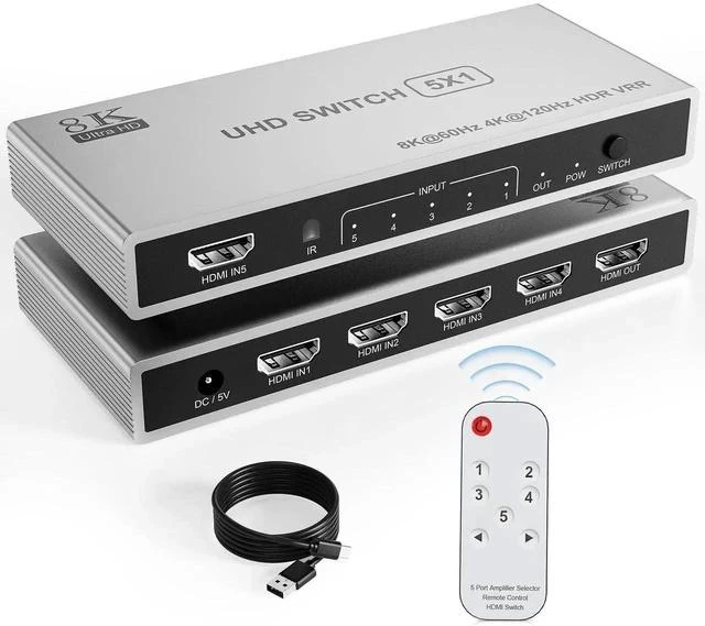 Main image of 5 in 1 Out 8K HDMI Switch Splitter with IR Remote, 48Gbps HDMI 2.1 Port Expander Supports 8K@60Hz, 4K@120Hz, 3D, CEC, HDR, HDCP 2.3