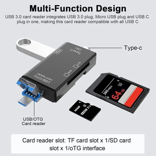 Alt view image 2 of 7 - 6-in-1 Type-C USB Card Reader for Smartphone and PC, USB20 OTG Card Reader with Type-A and Type-C, Multifunctional Card Reader for Photos, Videos, and Digital Camera White
