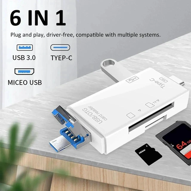 Alt view image 4 of 7 - 6-in-1 Type-C USB Card Reader for Smartphone and PC, USB20 OTG Card Reader with Type-A and Type-C, Multifunctional Card Reader for Photos, Videos, and Digital Camera White