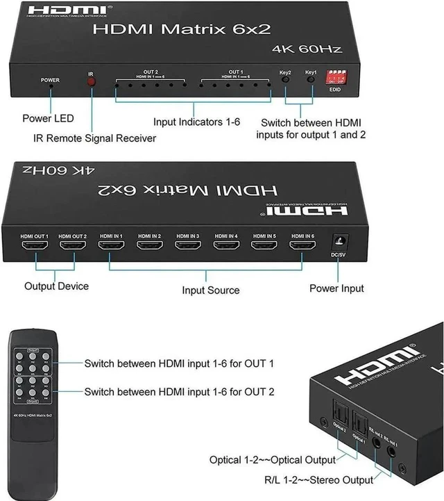 Alt view image 2 of 7 - HDMI 2.0 6x2 Matrix Switch Splitter, 6 in 2 Out HDMI Video Switcher with Optical SPDIF + 3.5mm Audio Extractor & IR Remote, Supports 4K@60Hz 18Gbps HDR RGB/YUV 4:4:4, Independent Dual Display Output