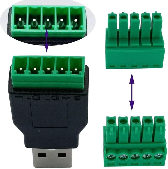 Alt view image 2 of 7 - USB 2.0 A Screw Terminal Block Adapter USB 2.0 A Male to 5 Pin/Way Female Bolt Screw Shield terminals Pluggable Type Adapter Connector for Charging and Data Transfer (2Pack/Male)