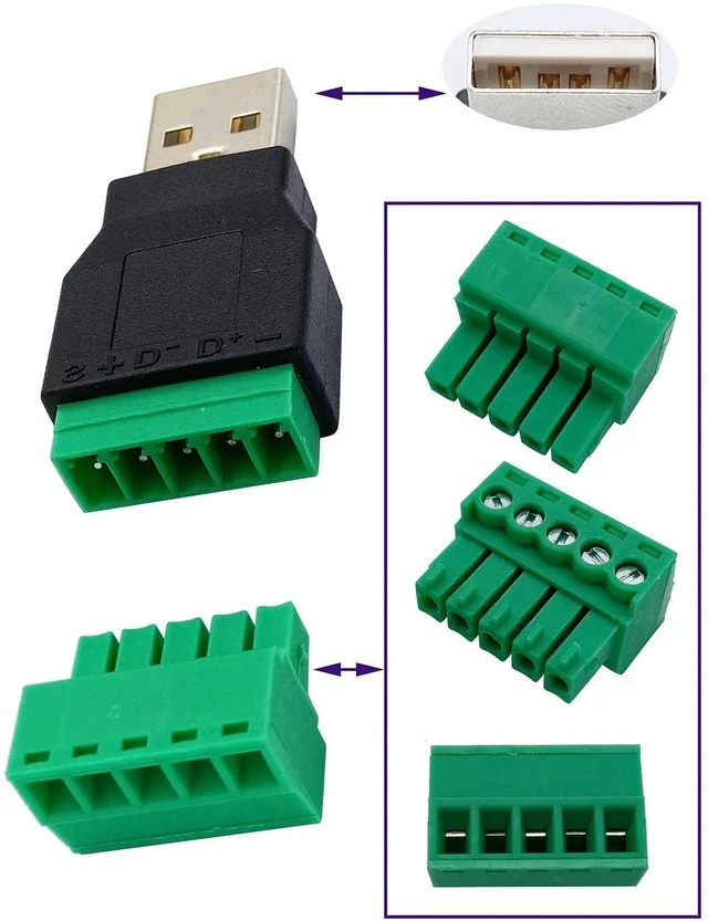 Alt view image 6 of 7 - USB 2.0 A Screw Terminal Block Adapter USB 2.0 A Male to 5 Pin/Way Female Bolt Screw Shield terminals Pluggable Type Adapter Connector for Charging and Data Transfer (2Pack/Male)