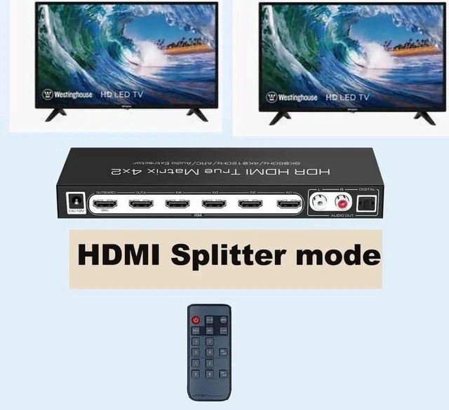 Alt view image 3 of 7 - 4x2 True HDMI 2.1 Matrix 4 in 2 Out 8K@60Hz 4K@120Hz with Audio Extractor, 48Gbps Bandwidth HDMI Matrix Switcher Splitter Supports ARC, HDR, HDCP 2.3, Independent Optical & Analog Audio Output