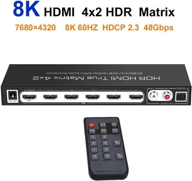 Alt view image 4 of 7 - 4x2 True HDMI 2.1 Matrix 4 in 2 Out 8K@60Hz 4K@120Hz with Audio Extractor, 48Gbps Bandwidth HDMI Matrix Switcher Splitter Supports ARC, HDR, HDCP 2.3, Independent Optical & Analog Audio Output