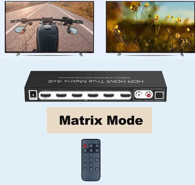 Alt view image 6 of 7 - 4x2 True HDMI 2.1 Matrix 4 in 2 Out 8K@60Hz 4K@120Hz with Audio Extractor, 48Gbps Bandwidth HDMI Matrix Switcher Splitter Supports ARC, HDR, HDCP 2.3, Independent Optical & Analog Audio Output