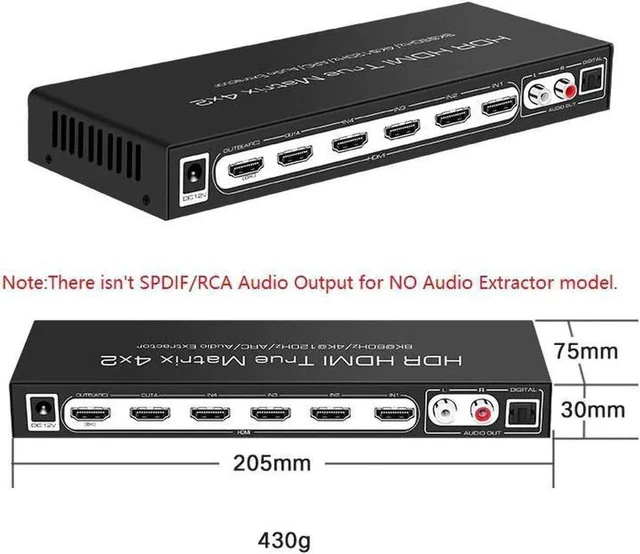 Alt view image 7 of 7 - 4x2 True HDMI 2.1 Matrix 4 in 2 Out 8K@60Hz 4K@120Hz with Audio Extractor, 48Gbps Bandwidth HDMI Matrix Switcher Splitter Supports ARC, HDR, HDCP 2.3, Independent Optical & Analog Audio Output