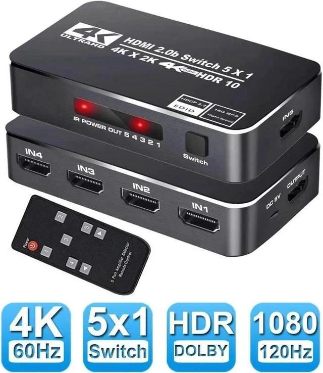 Main image of 4K 2K 60Hz HDMI Switch 5x1 HD 4K HDMI Video Switcher Adapter 5 In 1 Out HDMI Splitter with Remote Control for DVD HDTV TV Box PS4 - OZQ3-3
