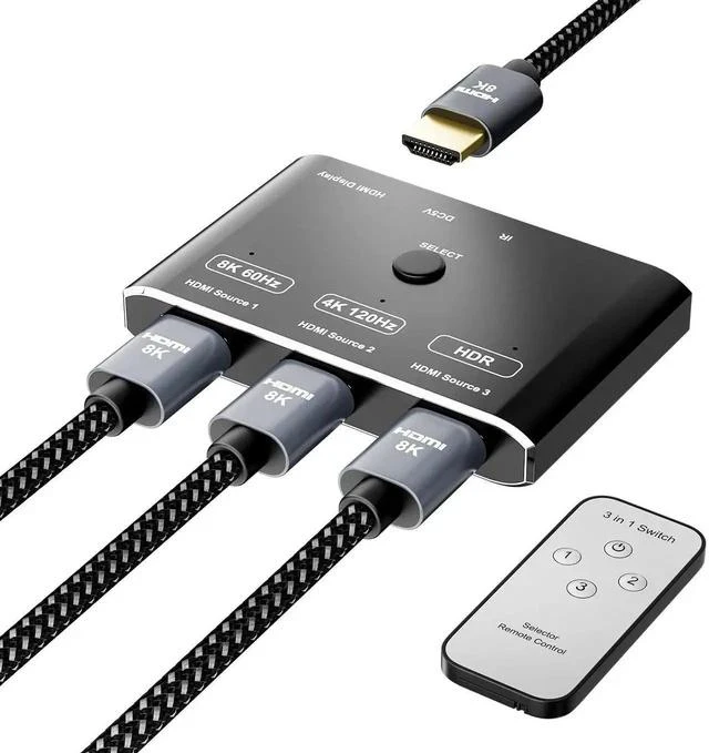 Main image of 3 Port HDMI 2.1 HDR 3In 1Out 8K Switcher with Remote Control Directional 8K@60Hz 4K@120Hz HDR 48Gbps 3D HDMI Video Converter Compatible with PS5 Xbox x HDMI TVs Monitors
