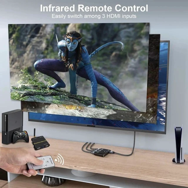 Alt view image 2 of 7 - 3 Port HDMI 2.1 HDR 3In 1Out 8K Switcher with Remote Control Directional 8K@60Hz 4K@120Hz HDR 48Gbps 3D HDMI Video Converter Compatible with PS5 Xbox x HDMI TVs Monitors