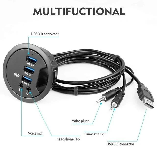 Alt view image 5 of 7 - Desk Grommet Hole USB 3.0 Hub, 3-Port USB3.0 Docking Station with BC1.2 Fast Charging & 3.5mm Audio/Mic Combo Jack, Universal Desktop Hole Mount Adapter for iPhone & Smartphones