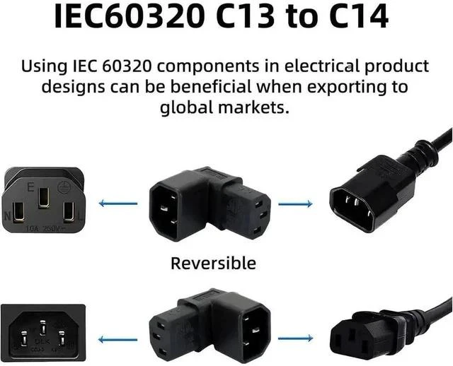 Alt view image 3 of 7 - 90-Degree Up Angled IEC320 C14 Male to C13 Female Power Adapter, 10A 250V Right Angle Turning Connector for PC, Monitor, PDU, Printer