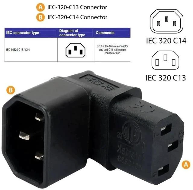 Alt view image 6 of 7 - 90-Degree Up Angled IEC320 C14 Male to C13 Female Power Adapter, 10A 250V Right Angle Turning Connector for PC, Monitor, PDU, Printer