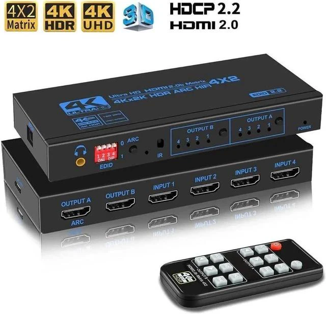 Main image of 4x2 Matrix Switch Splitter with SPDIF and 3.5mm HDR HDMI-compatible Switch 4x2 Support HDCP 2.2 ARC 3D 4K@60Hz for TV HDTV PS4 PS5 (OZJ2-1)