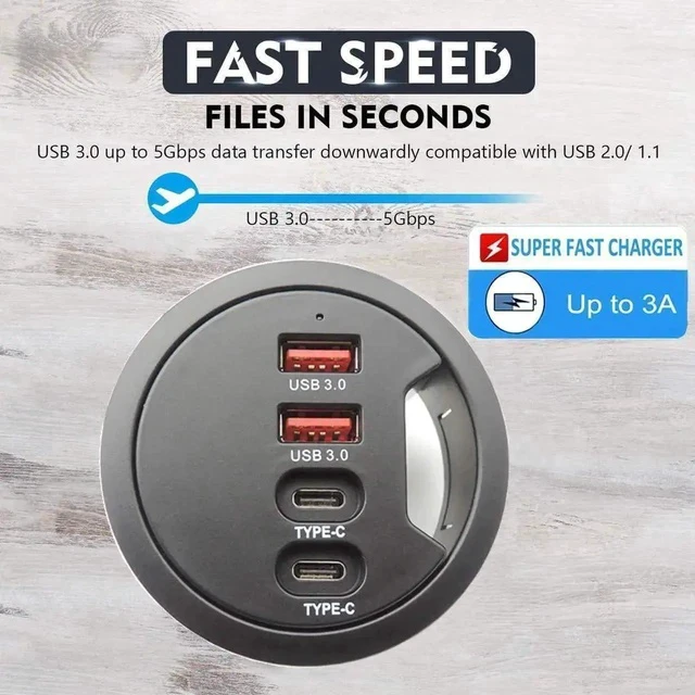 Alt view image 4 of 7 - 60mm/2.36 Inch Grommet Mount USB 3.0 Desk Hub, 2×USB-A + 2×USB-C Ports for Data & Charging, Table Hole Installation Splitter with 5V/2A External Power Adapter for Office Desks