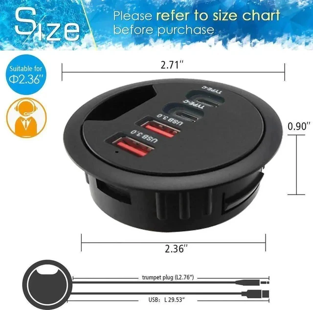 Alt view image 5 of 7 - 60mm/2.36 Inch Grommet Mount USB 3.0 Desk Hub, 2×USB-A + 2×USB-C Ports for Data & Charging, Table Hole Installation Splitter with 5V/2A External Power Adapter for Office Desks