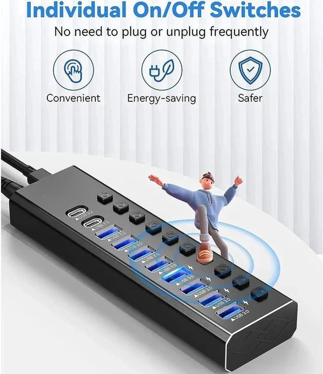 Alt view image 2 of 7 - 10-Port Powered Aluminum USB 3.2 Hub, Multiport Splitter with 10Gbps USB-A 3.2, 2 USB-C 3.2 & 7 USB 3.0 Ports, Independent On/Off Switches, 12V Power Supply for Laptop & Desktop PC