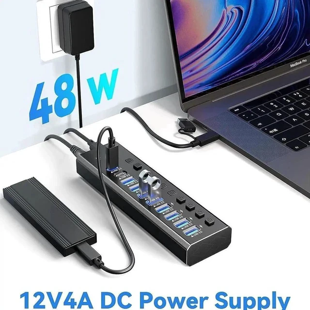 Alt view image 3 of 7 - 10-Port Powered Aluminum USB 3.2 Hub, Multiport Splitter with 10Gbps USB-A 3.2, 2 USB-C 3.2 & 7 USB 3.0 Ports, Independent On/Off Switches, 12V Power Supply for Laptop & Desktop PC
