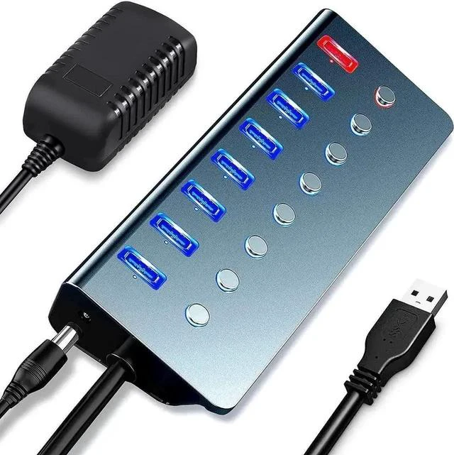 Main image of 7-Port Powered USB 3.0 Hub, 6 Data Ports + 1 Smart Charging Port, Multiport USB Expander with Independent On/Off Switches & 5V/3A Power Adapter, Compatible with Laptop, PC, Mac, MacBook Pro, PS4, Smar