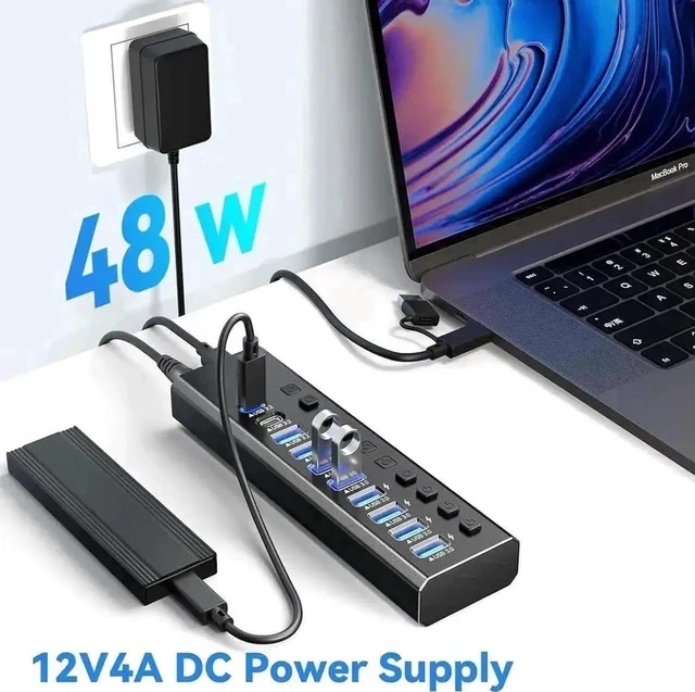 Alt view image 2 of 7 - Aluminum Powered USB 3.2 Hub, 10-Port Multiport Splitter: 1×10Gbps USB-A 3.2, 2×USB-C 3.2, 7×USB3.0, Independent Port On/Off Switches, 12V Power Adapter for Desktop & Laptop