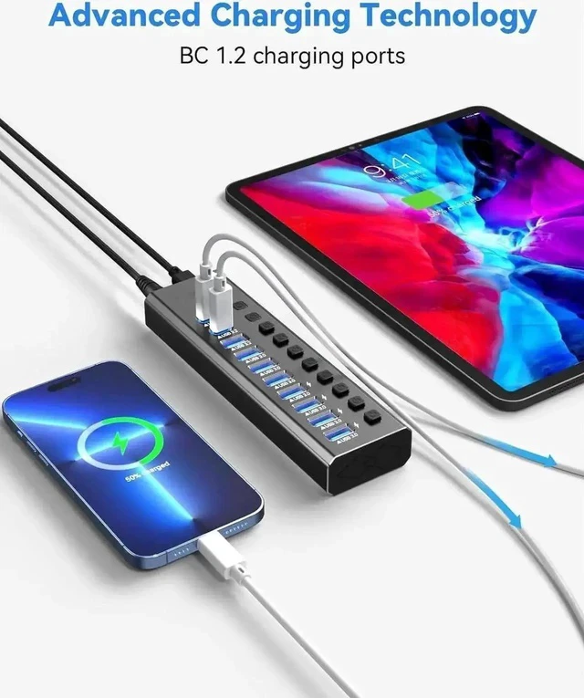 Alt view image 5 of 7 - Aluminum Powered USB 3.2 Hub, 10-Port Multiport Splitter: 1×10Gbps USB-A 3.2, 2×USB-C 3.2, 7×USB3.0, Independent Port On/Off Switches, 12V Power Adapter for Desktop & Laptop