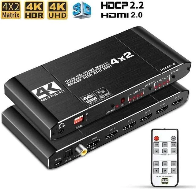 Main image of 4x2 HDMI 4K Matrix Switch/Splitter 4-Input 2-Output with Remote Control Supports Ultra HD 4K@60Hz 4:4:4 HDR YUV HDMI 2.0 HDCP 2.2 3D, 1080p 18GBPS - ARC/SPDIF Coaxial 3.5mm Stereo Audio