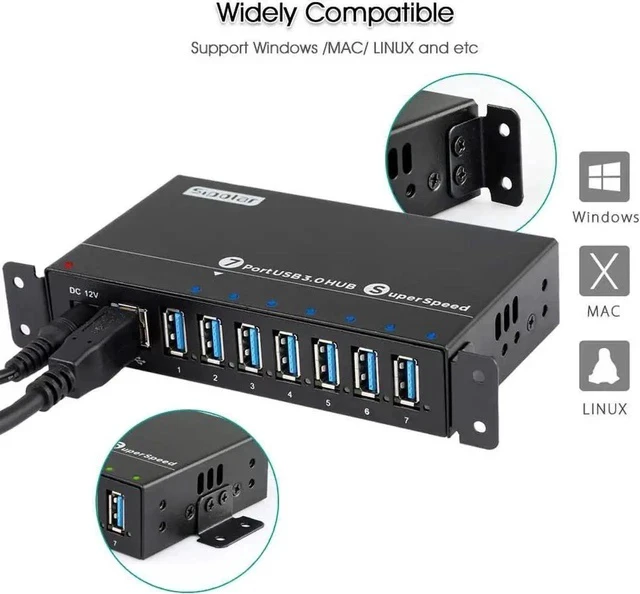 Alt view image 2 of 6 - Aluminum 7-Port Powered USB 3.0 Splitter Hub, SuperSpeed 5Gbps Data Transfer, 12V 3A 36W Power Adapter, Mounting Bracket & LED Indicator Lights, Black Desktop Industrial USB Hub
