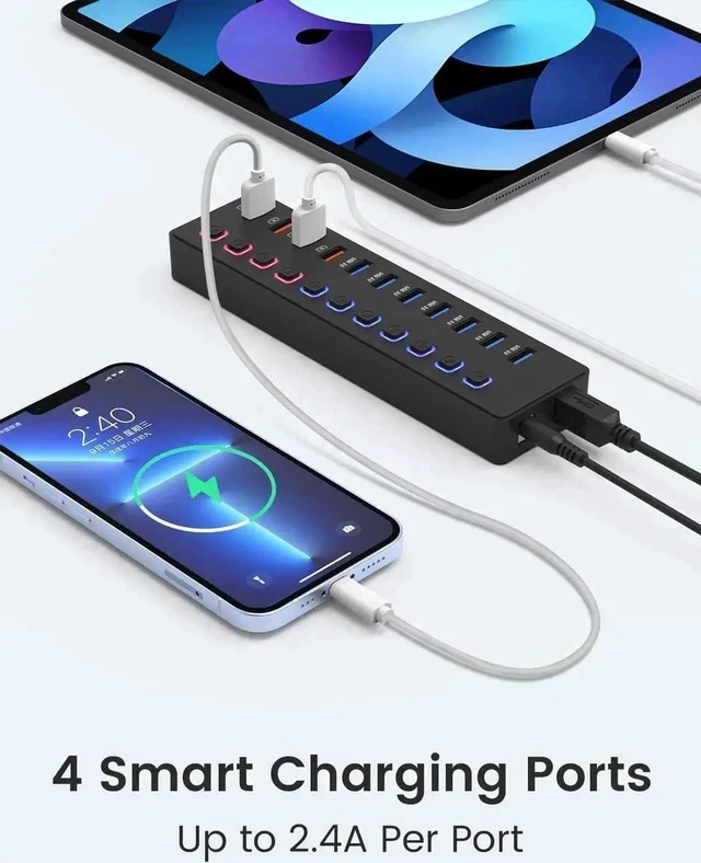 Alt view image 3 of 7 - 11-Port Powered USB 3.0 Hub Splitter, 7 USB3.0 High-Speed Data Ports + 4 Smart Charging Ports, Independent On/Off Switches with 12V Power Adapter, USB Expander Compatible with MacBook, Mac, PC & Lapto