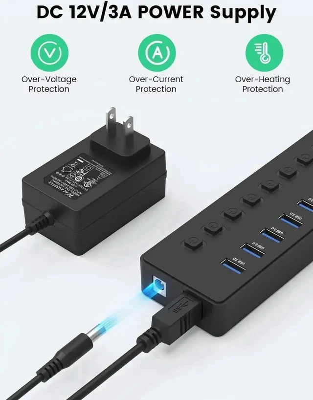 Alt view image 6 of 7 - 11-Port Powered USB 3.0 Hub Splitter, 7 USB3.0 High-Speed Data Ports + 4 Smart Charging Ports, Independent On/Off Switches with 12V Power Adapter, USB Expander Compatible with MacBook, Mac, PC & Lapto