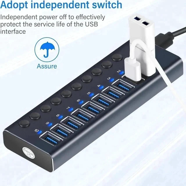 Alt view image 2 of 7 - 10 Port Powered USB 3.0 Hub Splitter with Independent LED On/Off Switches, High Speed Data Transfer USB Hub with Power Adapter for Mac, PC Desktop & Laptop