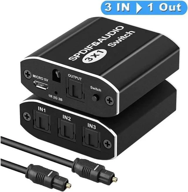 Main image of 3Port Toslink Switcher with IR Remote/Optical Cable (3In1Out) Premium Quality Digital Optical Audio Splitter Aluminum Alloy SPDIF Toslink Fiber Audio Switcher Support LPCM2.0/DTS /Dolby