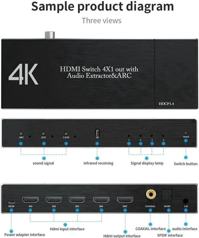 Alt view image 4 of 6 - 4 in 1 Out HDMI Switch with Audio Extractor 4K 60Hz Optical + 3.5mm AUX + Coaxial Output HDMI Switcher Audio Splitter Converter IR Remote Support ARC HDCP2.2 1080P 3D Dobly Atmos